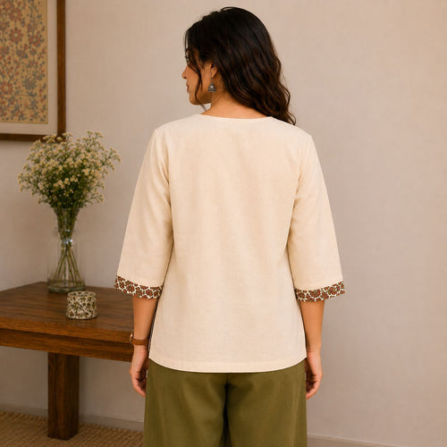 Ivory Bloom Cotton Top with Floral Patch | Jaipur Libas