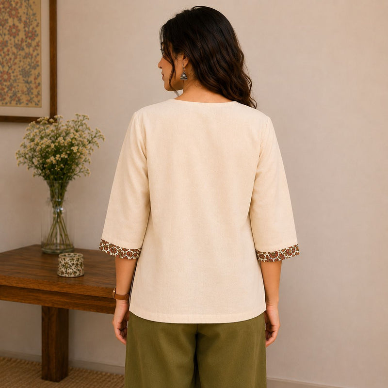 Ivory Bloom Cotton Top with Floral Patch | Jaipur Libas