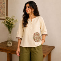 Ivory Bloom Cotton Top with Floral Patch | Jaipur Libas