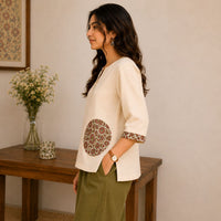 Ivory Bloom Cotton Top with Floral Patch | Jaipur Libas