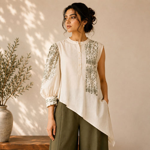 Jaipur Libas One-Shoulder Statement Sleeve Cotton Top - Ivory