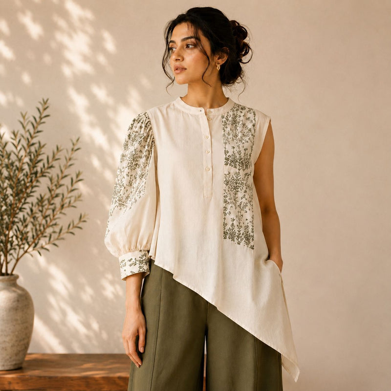 Jaipur Libas One-Shoulder Statement Sleeve Cotton Top - Ivory