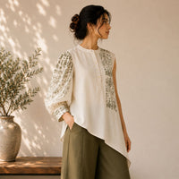 Jaipur Libas One-Shoulder Statement Sleeve Cotton Top - Ivory
